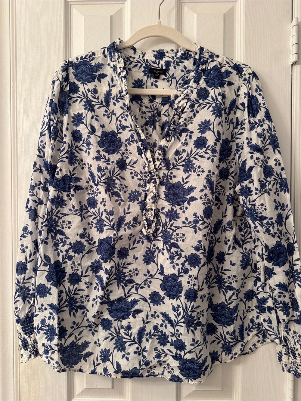 Talbots White Blouse with Navy Floral Print